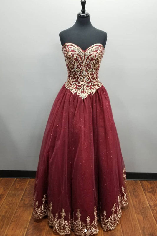 Burgundy Sweetheart Neck Lace Tulle Long Prom Dress Burgundy Evening Dress