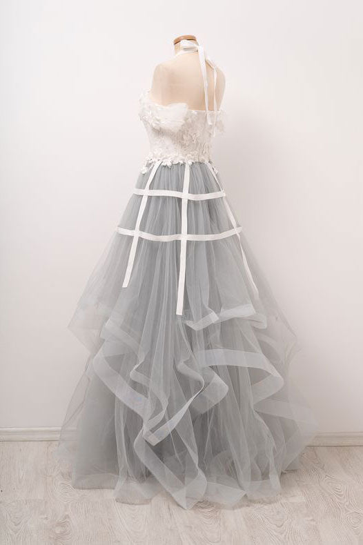 Unique Gray Tulle Lace Appliqu¨¦ Long Prom Dress Gray Tulle Evening Gown