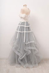 Unique Gray Tulle Lace Appliqu¨¦ Long Prom Dress Gray Tulle Evening Gown