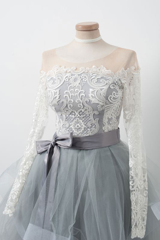 Gray Round Neck Tulle Lace Short Prom Dress Gray Homecoming Dress