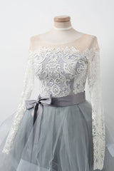 Gray Round Neck Tulle Lace Short Prom Dress Gray Homecoming Dress