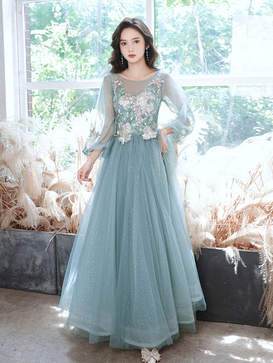 Green Tulle Lace Tea Length Prom Dress Green Tulle Formal Dress