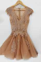 Champagne V-Neck Lace Tulle Short Prom Dress Lace Tulle Homecoming Dress