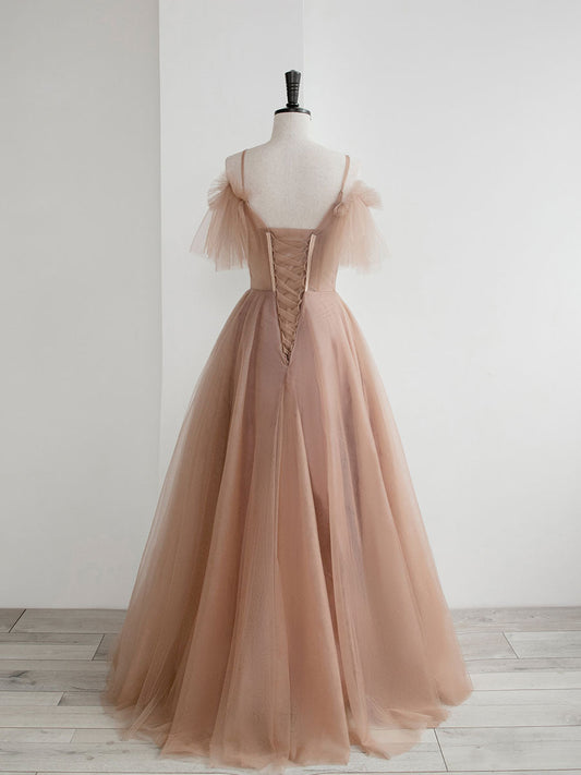 Champagne A-Line Tulle Lace Long Prom Dress Champagne Evening Dress