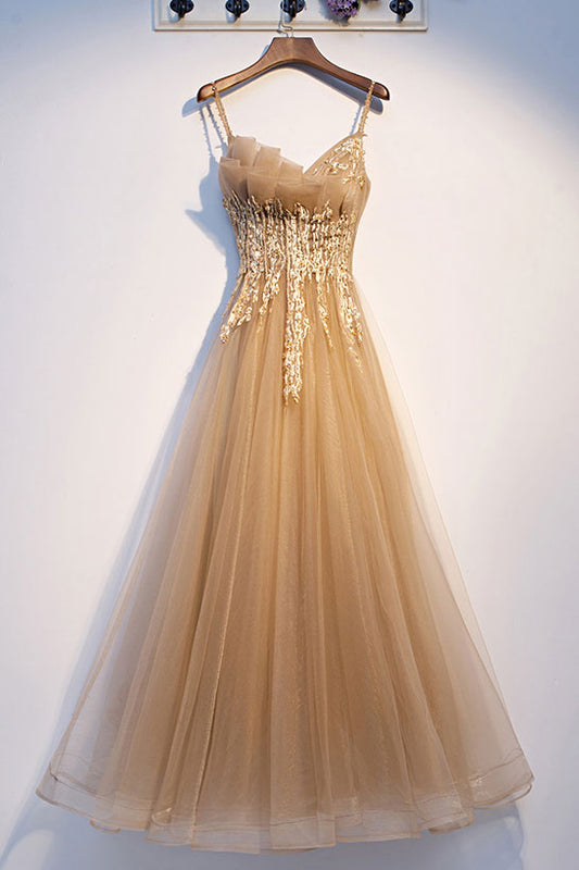 Champagne Tulle Lace Long Prom Dress Tulle Lace Formal Dress