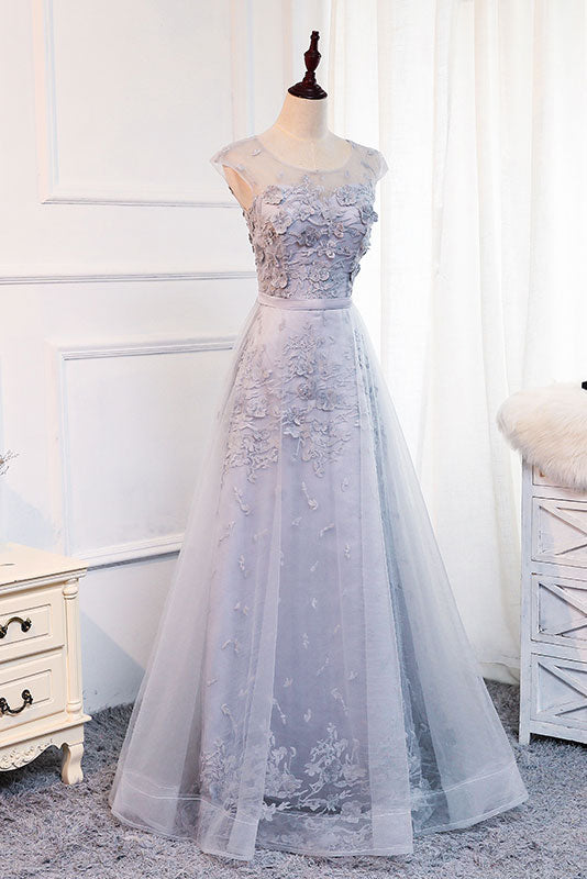 Gray Round Neck Tulle Lace Applique Long Prom Dress Gray Evening Dress