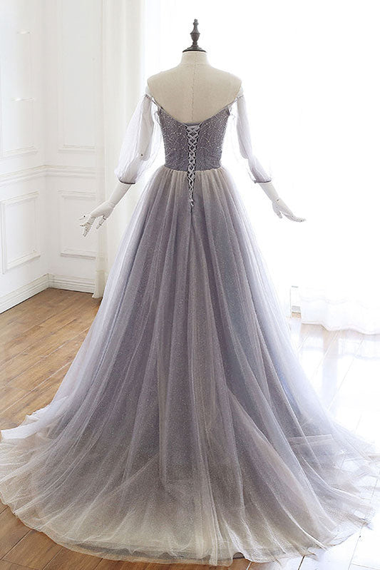 Unique Tulle Sequin Long Prom Dress Tulle Evening Dress