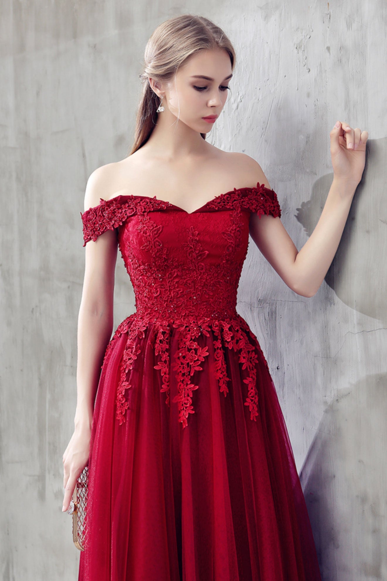 Burgundy Tulle Lace Off-Shoulder Prom Dress Burgundy Bridesmaid Dress