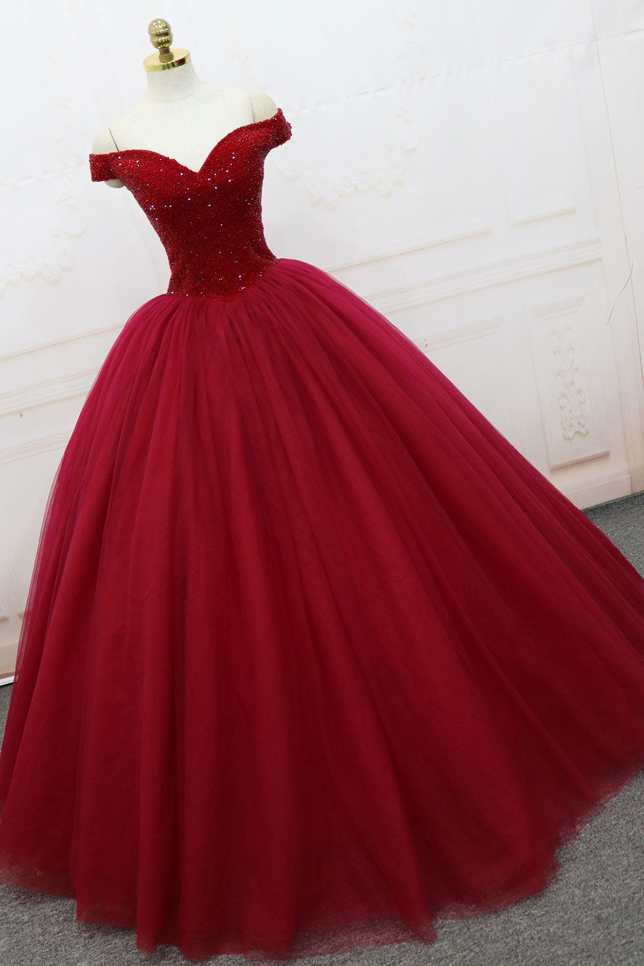 Burgundy Off-Shoulder Tulle Long Prom Dress Tulle Evening Dress