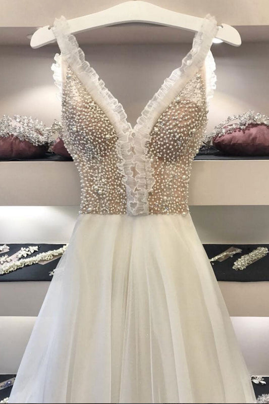 White V-Neck Beaded Tulle Long Prom Dress White Evening Dress