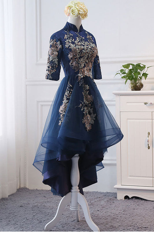 Dark Blue Lace Appliqu¨¦ Short Prom Dress Blue Evening Dress