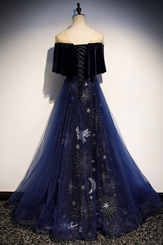 Blue Tulle Lace Long Prom Dress Blue Tulle Evening Dress