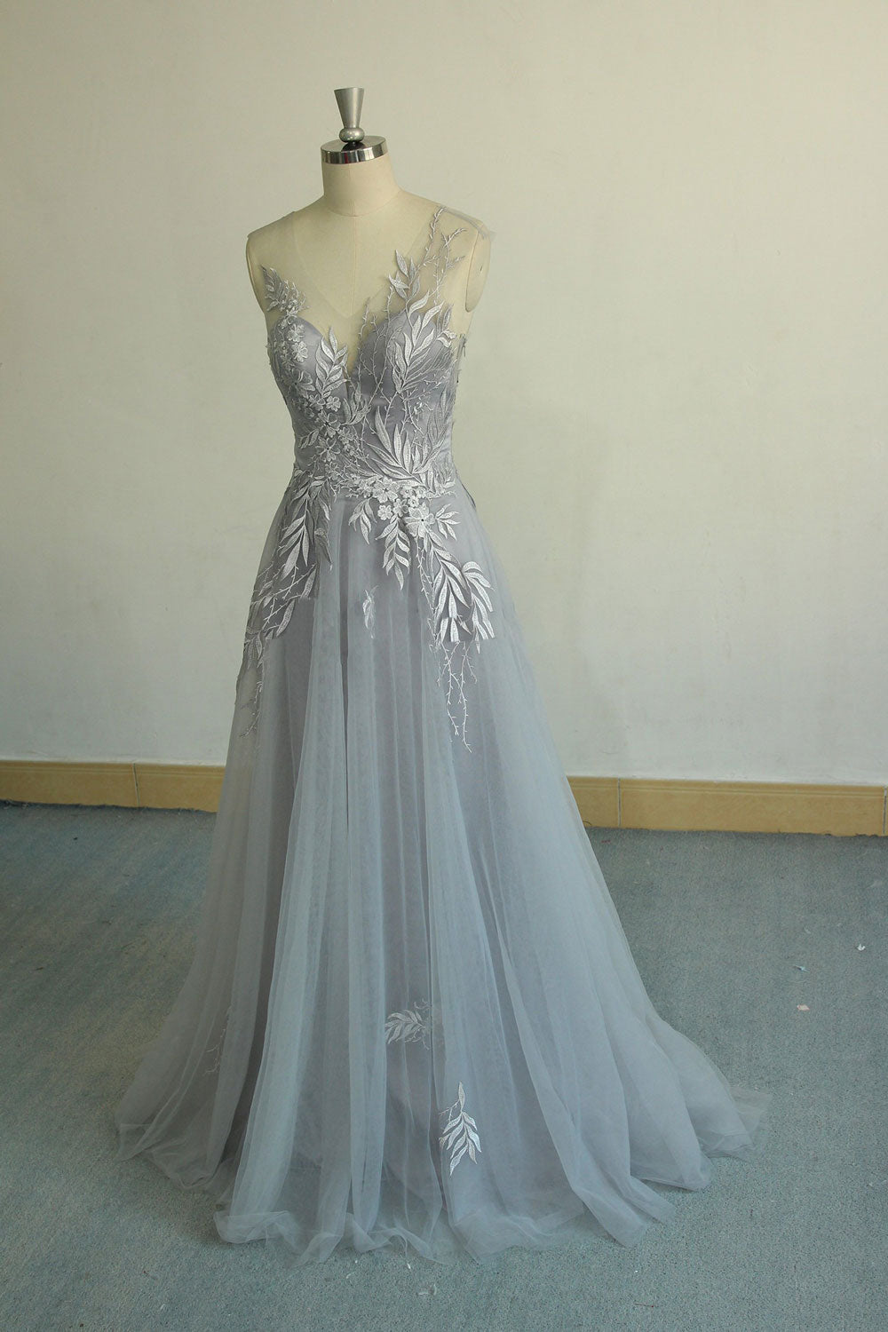 Gray V-Neck Tulle Lace Long Prom Dress Gray Evening Dress