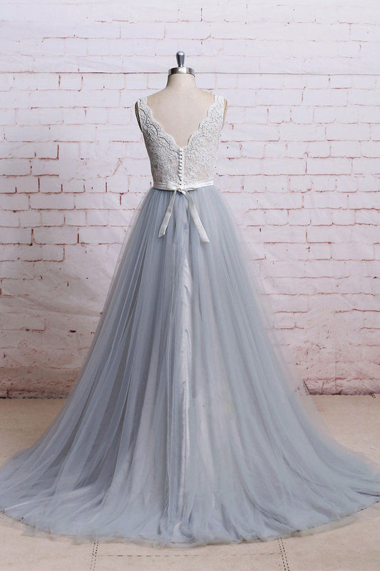 Gray V-Neck Lace Tulle Long Prom Dress Tulle Evening Dress