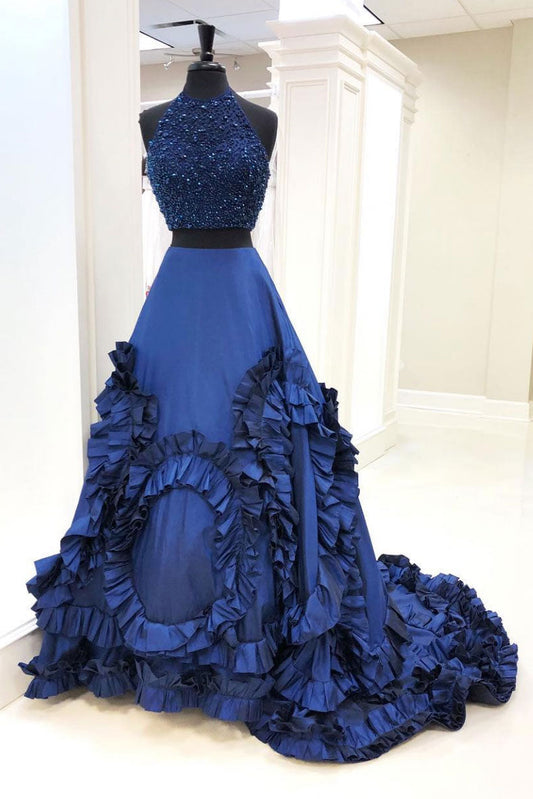 Blue Two-Piece Beaded Sequin Long Prom Dress Blue Evening Dress