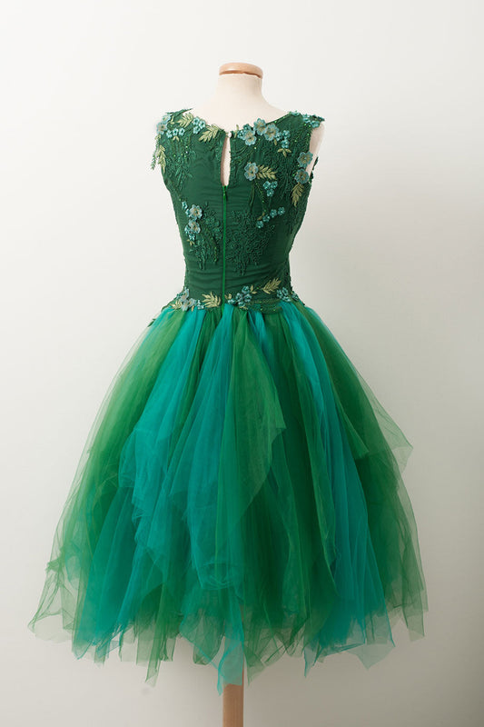 Unique V-Neck Green Tulle Lace Short Prom Dress Green Homecoming Dress