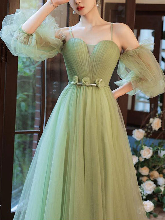 Simple Green Tulle A-Line Long Prom Dress Green Evening Gown