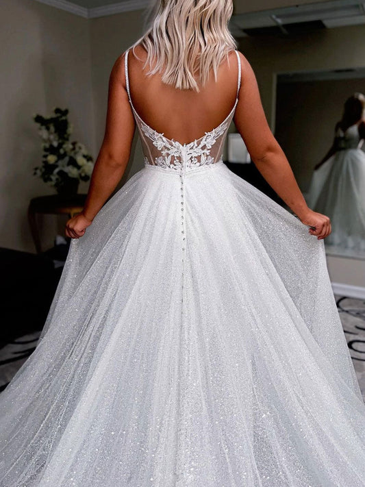 White V-Neck Tulle Sequin Long Prom Dress White Tulle Formal Dress