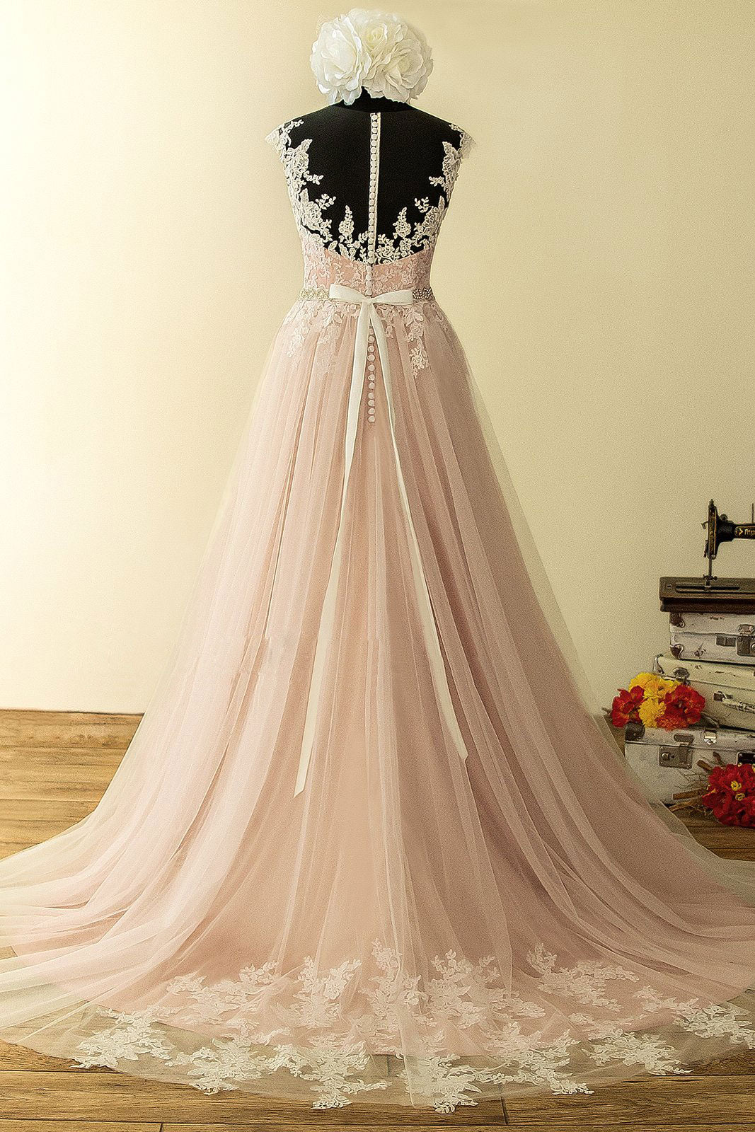 Pink Round Neck Lace Long Prom Dress Pink Lace Evening Dress