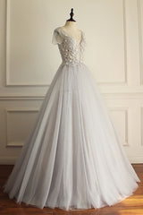 Gray V-Neck Tulle Lace Appliqu¨¦ Long Prom Dress Gray Evening Dress