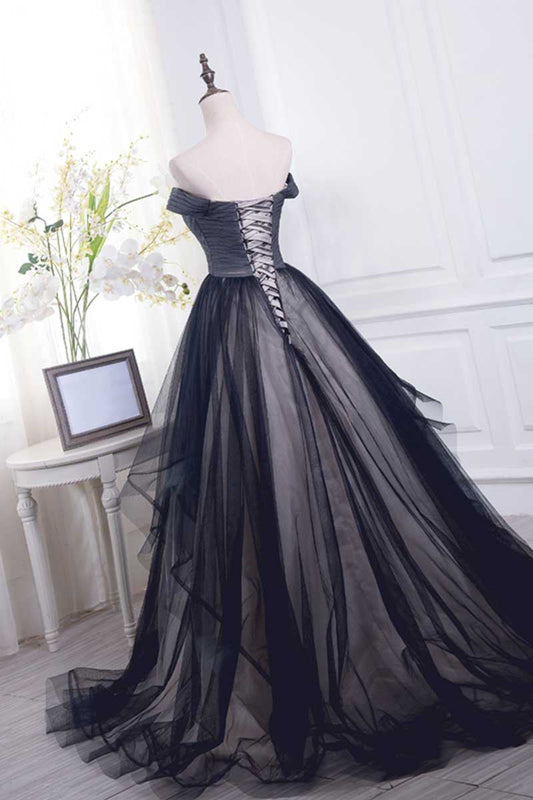 Black Off-Shoulder Tulle Long Prom Dress Black Evening Dress