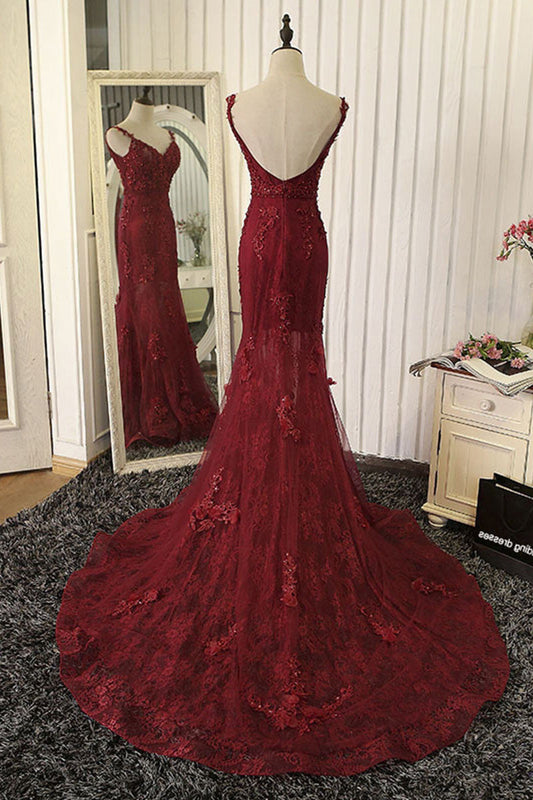 Red Mermaid Lace Long Prom Dress Lace Mermaid Evening Gown