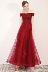 Burgundy Tulle Lace Long Prom Dress Burgundy Evening Gown