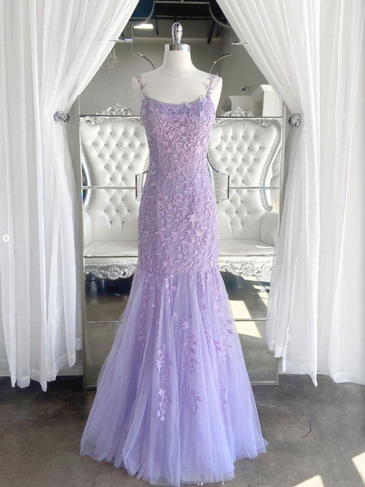 Purple Tulle Lace Mermaid Long Prom Dress Purple Lace Evening Dress