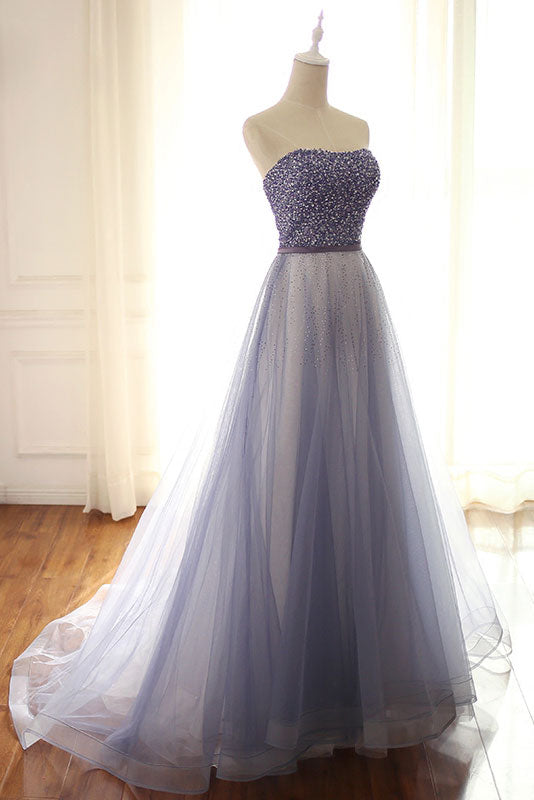 Blue Sweetheart Tulle Beaded Long Prom Dress Blue Evening Dress