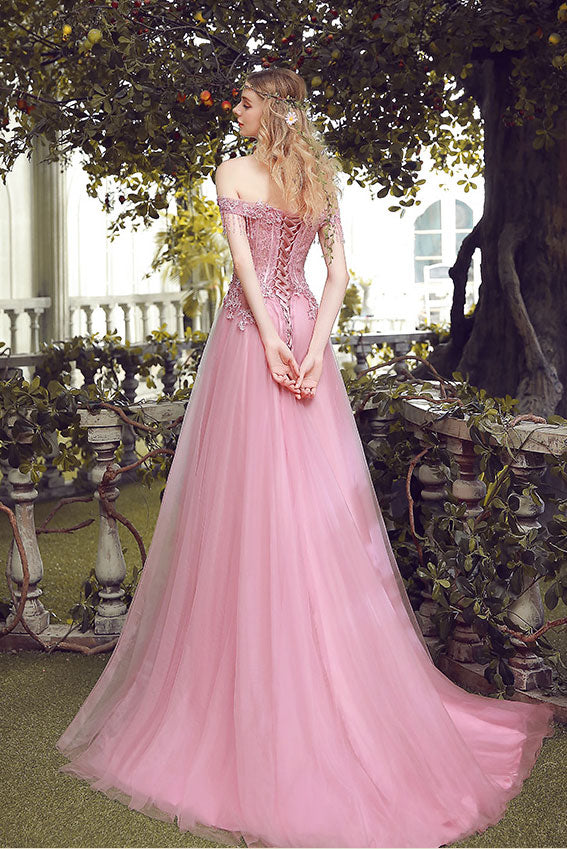 Pink Off-Shoulder Lace Tulle Long Prom Dress Pink Bridesmaid Dress