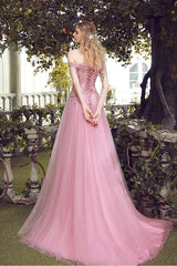 Pink Off-Shoulder Lace Tulle Long Prom Dress Pink Bridesmaid Dress