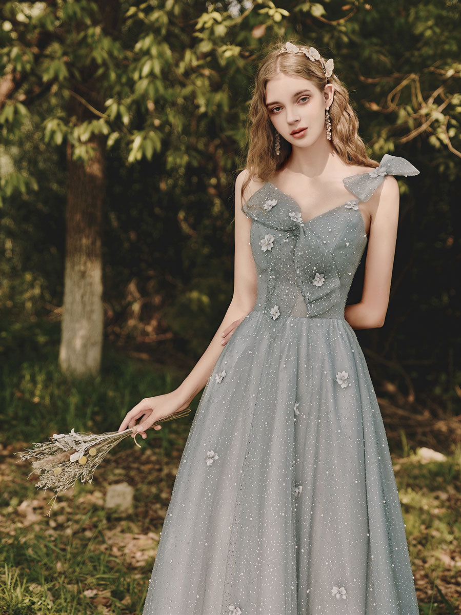 Gray Tulle Sequin Tea-Length Prom Dress Gray Evening Dress