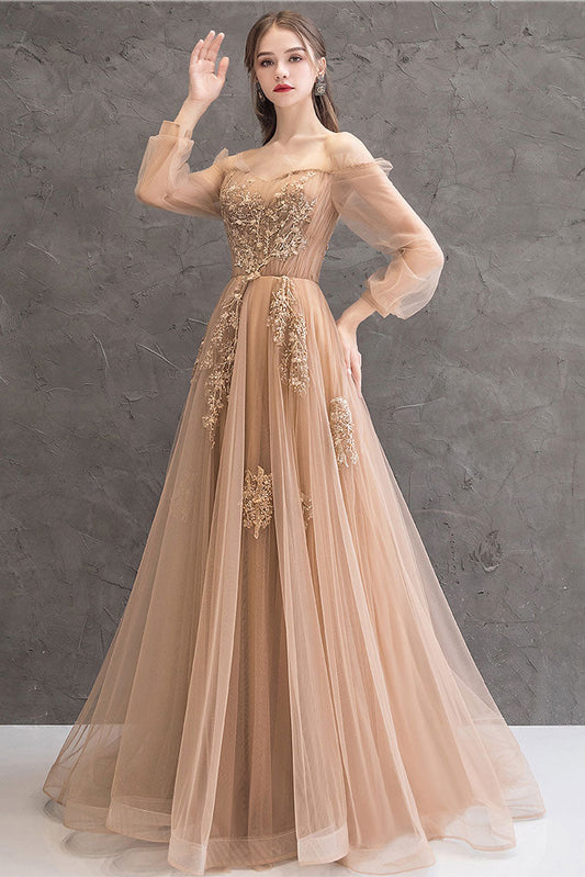 Champagne Tulle Lace Long Prom Dress Champagne Tulle Lace Evening Dress