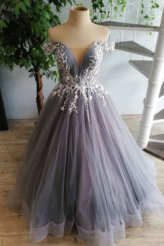 Gray Tulle Lace Long Prom Dress Gray Tulle Lace Formal Dress