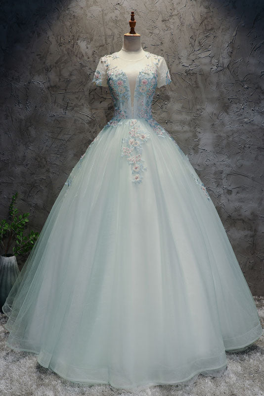 Unique Light Green Tulle Lace Long Prom Dress Sweet 16 Dress