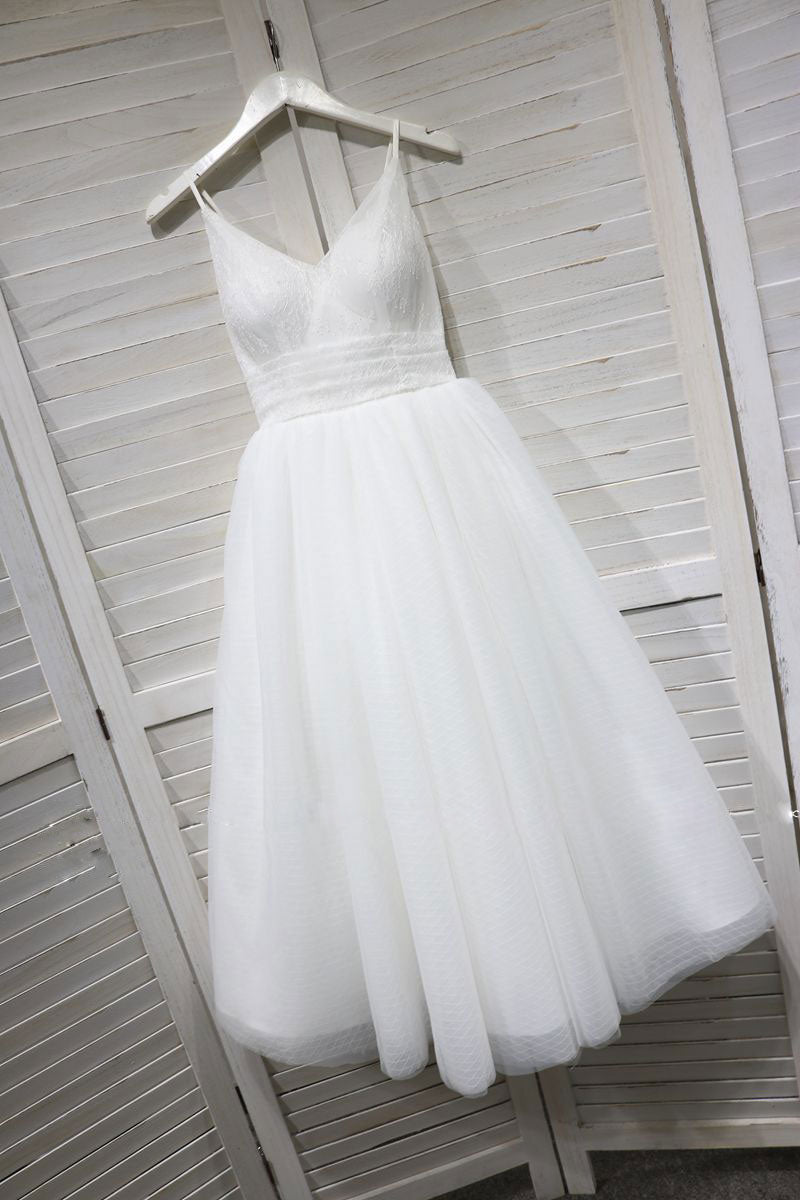 White V-Neck Tulle Lace Tea-Length Prom Dress White Bridesmaid Dress