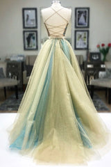 Unique Two-Pieces Tulle Beads Long Prom Dress Tulle Formal Gown