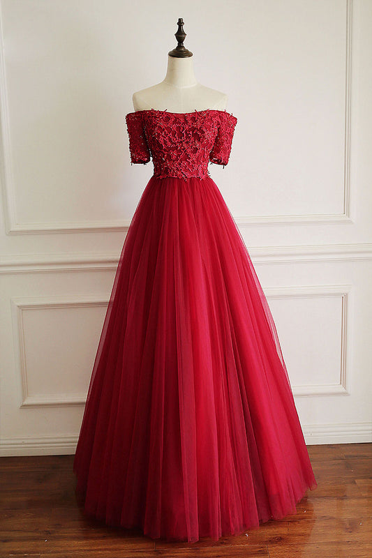 Burgundy Tulle Lace Long Prom Dress Burgundy Tulle Evening Gown