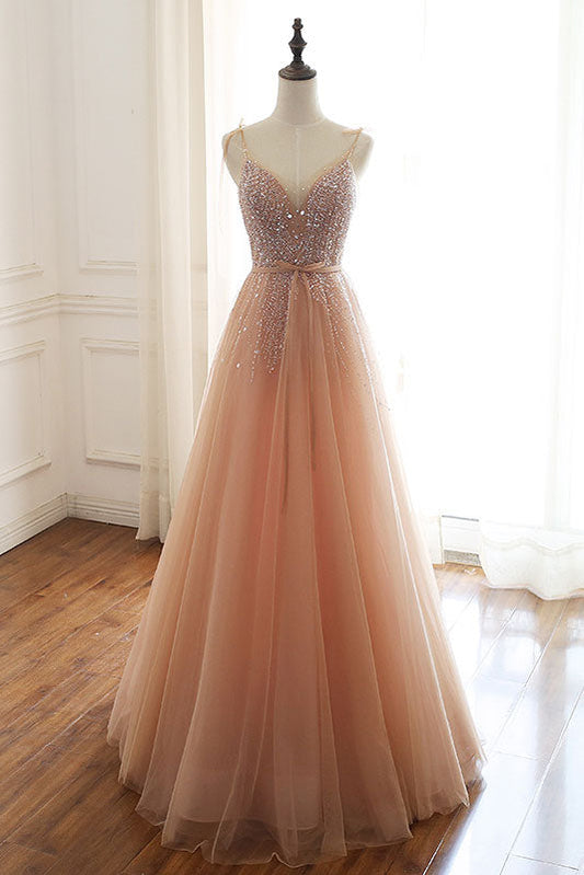 Champagne Tulle Beaded Sequin Long Prom Dress Evening Dress