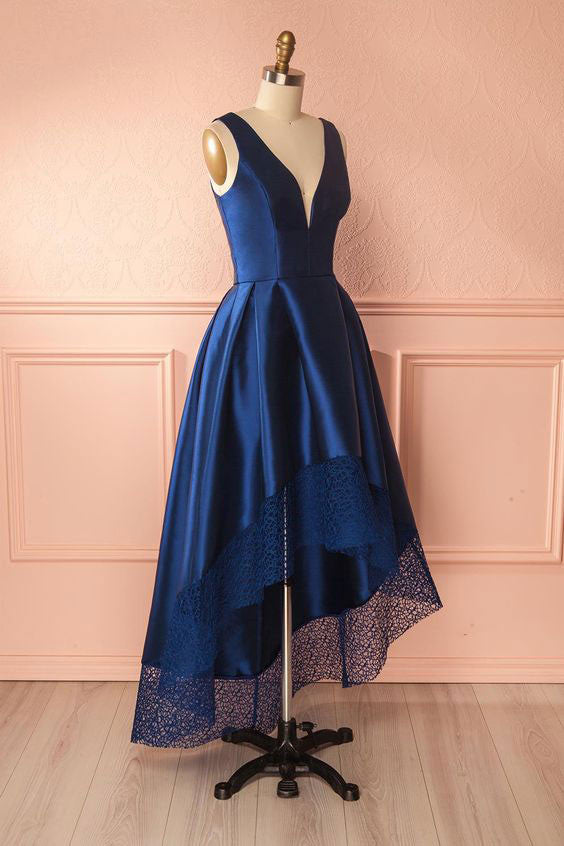 Dark Blue V-Neck High-Low Prom Dress Dark Blue Bridesmaid Gown