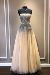 Champagne Tulle Sequin Long Prom Dress Tulle Formal Dress