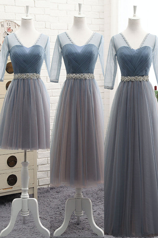 Simple V-Neck Tulle Gray Blue Prom Dress Bridesmaid Dress