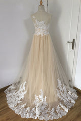 Champagne A-Line Tulle Lace Appliqu¨¦ Long Prom Dress Wedding Dress