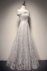 Gray Lace Long Prom Dress Gray Lace Evening Dress