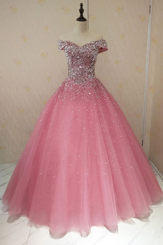 Pink Sweetheart Tulle Sequin Long Prom Dress Pink Tulle Evening Dress