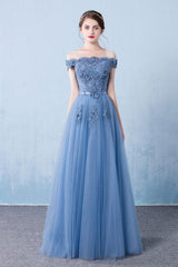 Blue Off-Shoulder Lace Tulle Long Prom Dress Blue Lace Bridesmaid Dress