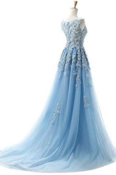 Blue Round Neck Tulle Lace Long Prom Dress Blue Evening Dress