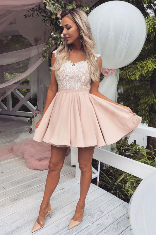 Pink Lace Satin Short Prom Dress Pink Lace Homecoming Dress