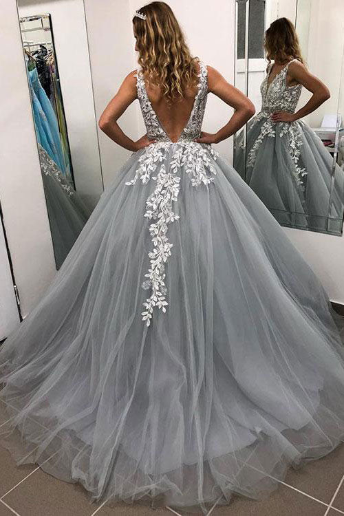 Gray V-Neck Tulle Lace Long Prom Dress Gray Tulle Evening Dress