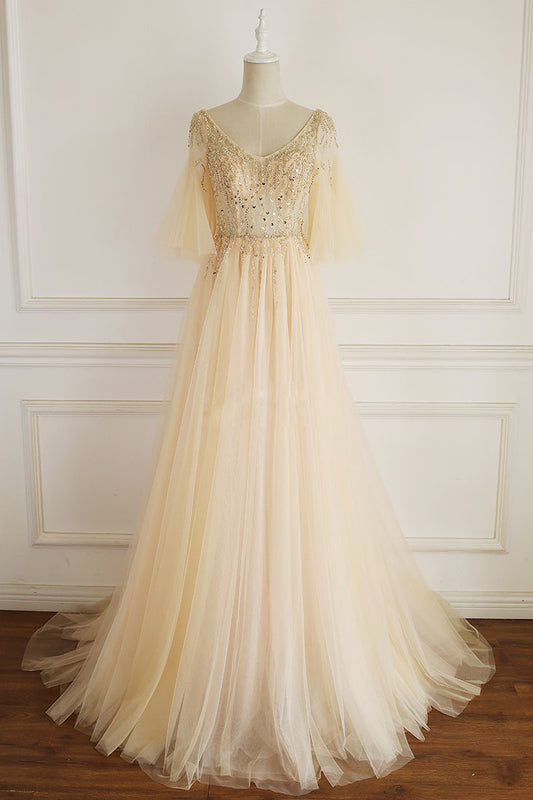 Champagne V-Neck Tulle Sequin Long Prom Dress Champagne Evening Dress